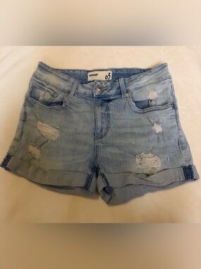 Garage Light Wash Distressed Denim Roll-Hem Shorts